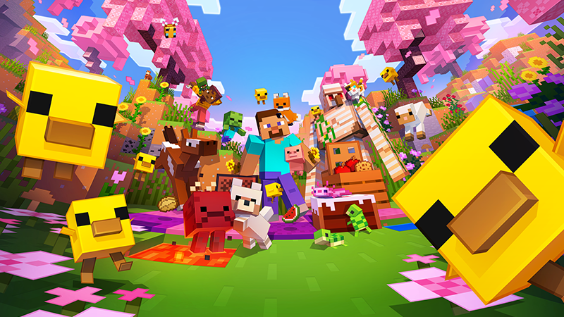 Minecraft players and animals in a field of flowers